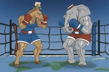 Ilustração de um elefante, que representa os republicanos, e de um burro, símbolo dos democratas, em uma arena de boxe.