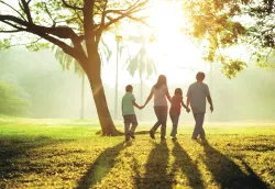 Uma família caminhando junta em um parque tranquilo.