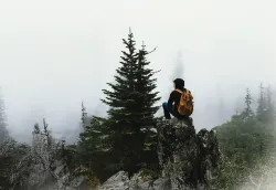 Um caminhante solitário com uma mochila senta-se em uma saliência rochosa com vista para uma floresta de coníferas cheia de neblina.