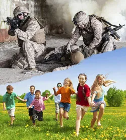 Soldiers in war vs children playing in peace