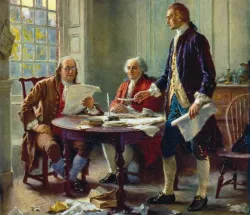 Interpretação artística de Benjamin Franklin, John Adams e Thomas Jefferson, elaborando a Declaração de Independência.