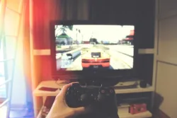 Uma pessoa jogando um videogame.