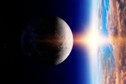 Ilustração artística dum raio de sol atingindo a terra.