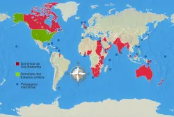 Um mapa-múndi mostrando as possessões britânicas e dos Estados Unidos, junto com as principais portas marítimas estratégicas.