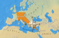 Mapa ilustrando o movimento migratório de povos do Oriente Médio para o noroeste da Europa.